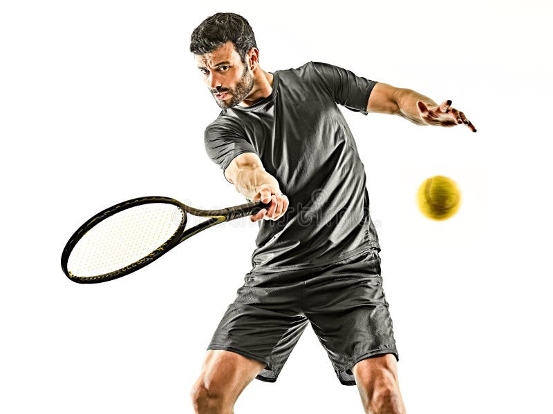 One caucasian mature tennis player man forehand front view in studio isolated on white background. One caucasian mature tennis player man forehand front view in studio isolated on white background