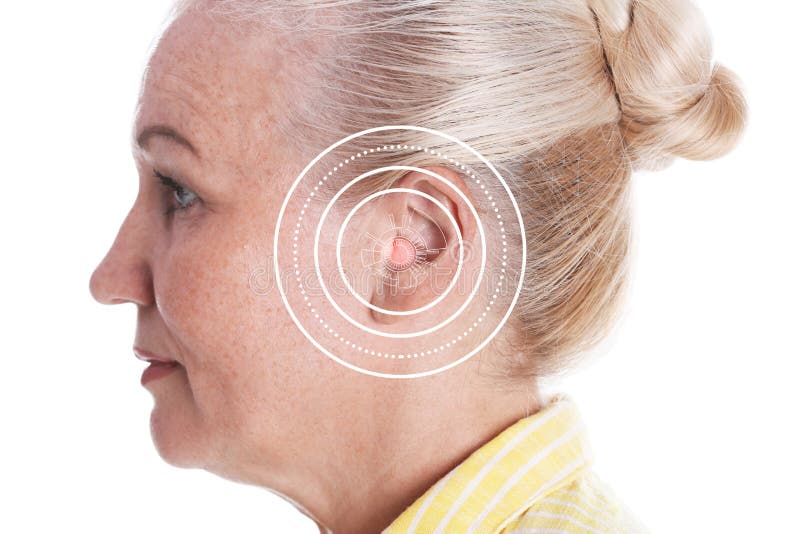 Mature woman with hearing problem  on white background, closeup stock images