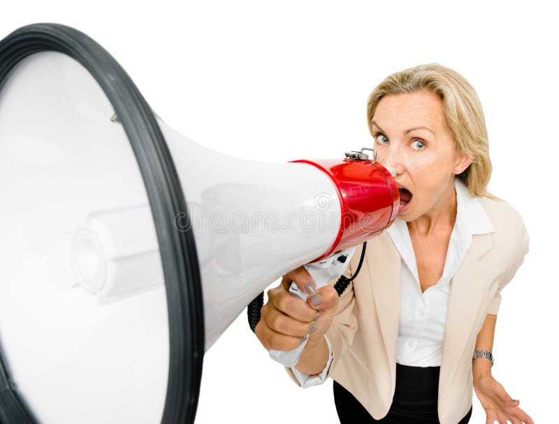 Mature woman holding megaphone shouting. Mature woman holding megaphone shouting