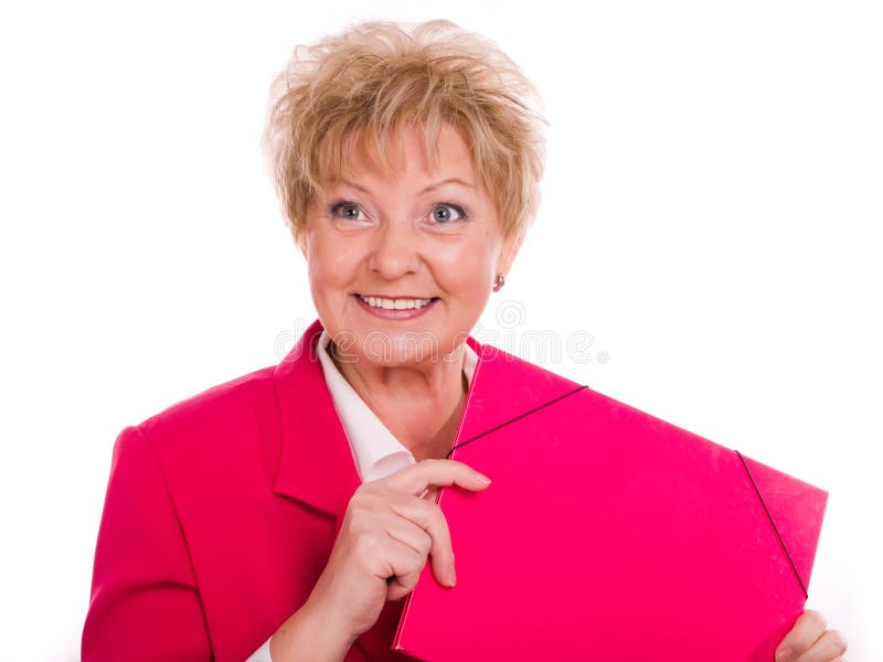 Mature woman with a pink folder