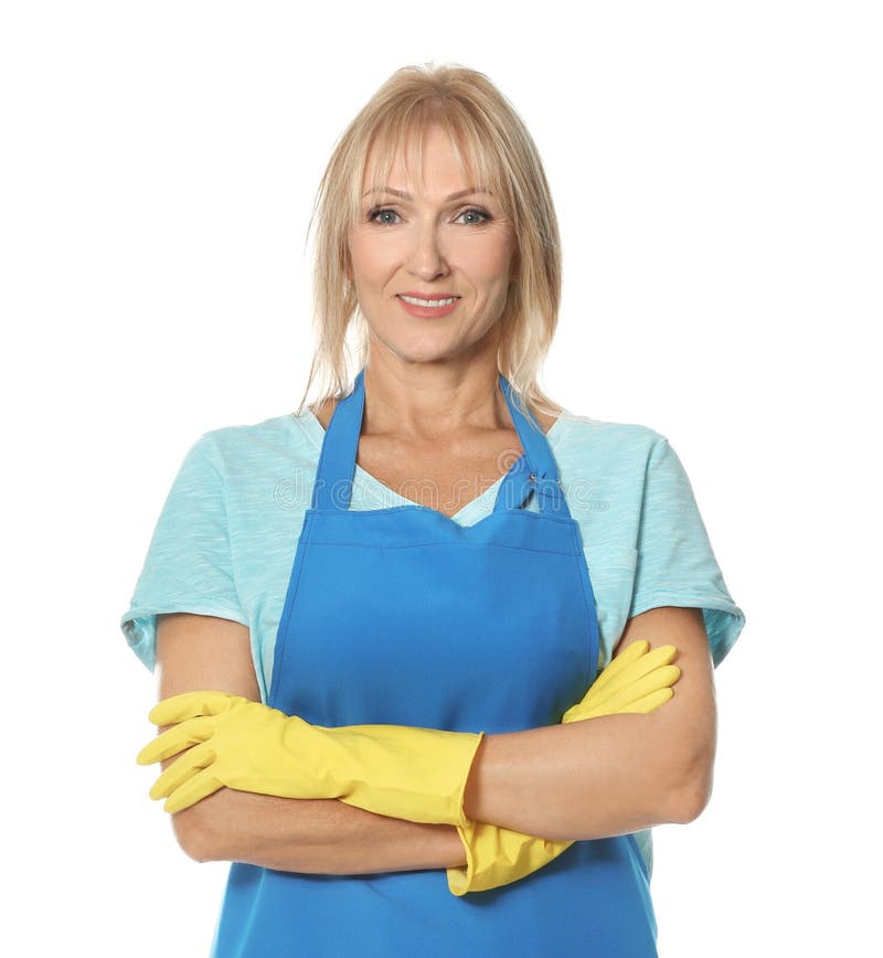 Mature woman in rubber gloves prepared for cleaning flat stock photo Mature woman in rubber gloves prepared for cleaning flat stock photo