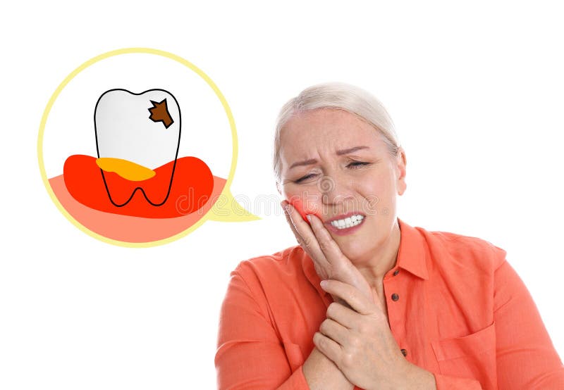 Mature Woman Suffering from Toothache on White Background Stock Image ...