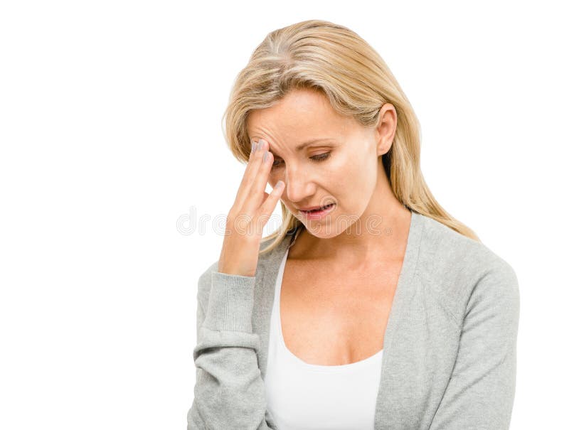 Mature woman worried about the future isolated on white background