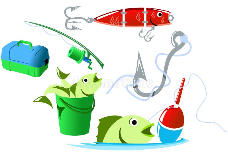 Fish and fishing equipment icons. Fish and fishing equipment icons