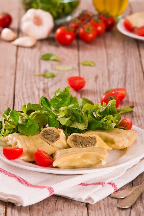 Maultaschen - swabian filled pasta ravioli . stock image Maultaschen - swabian filled pasta ravioli . stock image