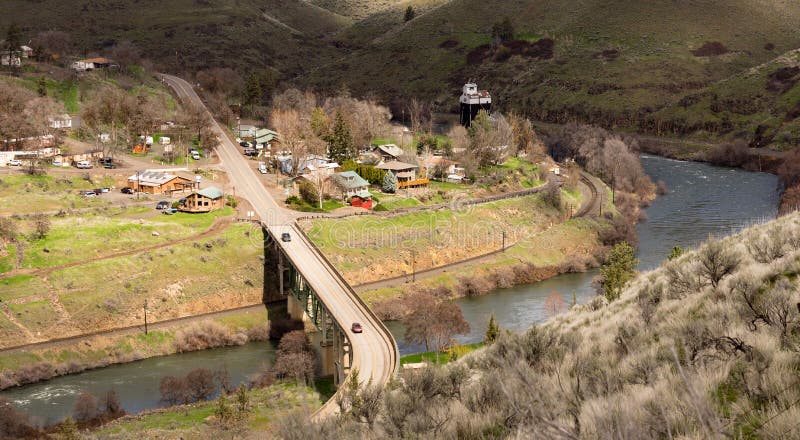 Maupin Oregon Downtown Aerial View Deschutes River Highway 197 royalty free stock image Maupin Oregon Downtown Aerial View Deschutes River Highway 197 royalty free stock image