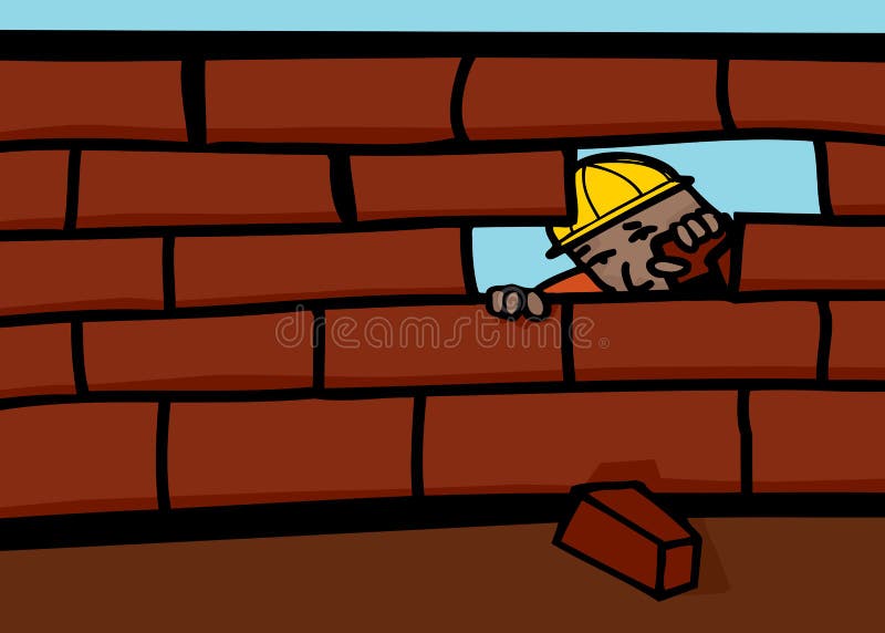 Bricklayer peeking through hole in brick wall. Bricklayer peeking through hole in brick wall