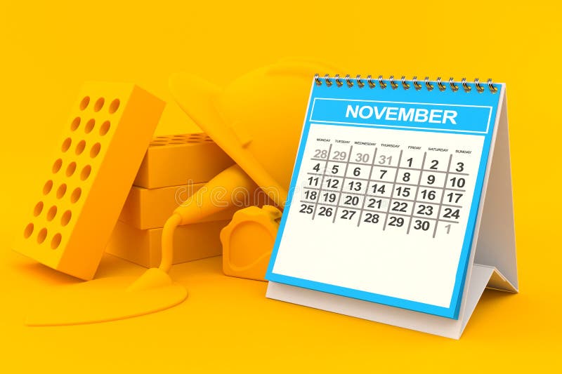 Maurerarbeithintergrund mit Kalender in orange Farbe Abbildung 3d