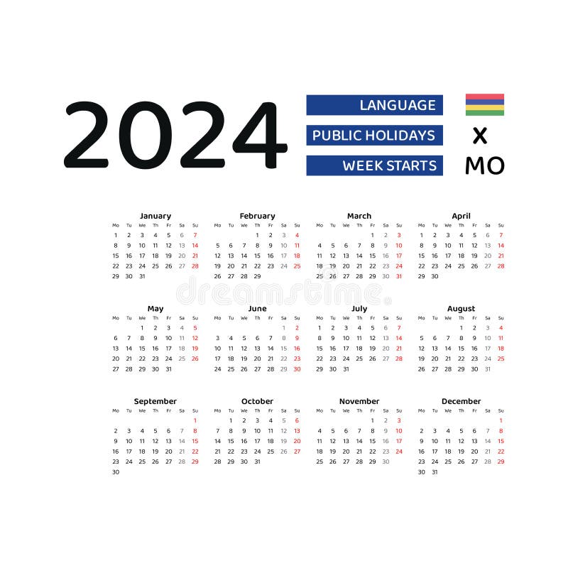 Mauritius Calendar 2024. Week Starts from Monday. Vector Graphic Design