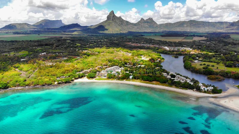Mauritius - Coast with blue lagoon beach, aerial view. Mauritius - Coast with blue lagoon beach, aerial view.