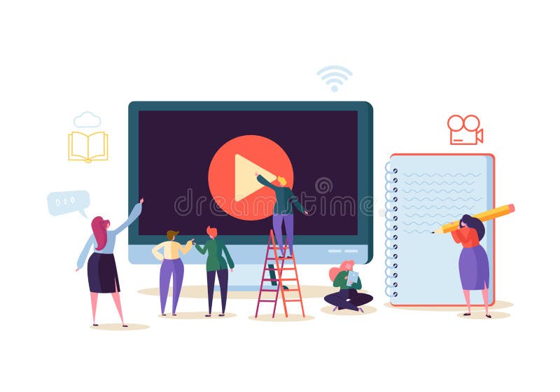 Maus und Buch E-Learning mit den flachen Leuten, die Videokurs auf Computer strömend aufpassen Staffelungs-Universität vektor abbildung Maus und Buch E-Learning mit den flachen Leuten, die Videokurs auf Computer strömend aufpassen Staffelungs-Universität vektor abbildung