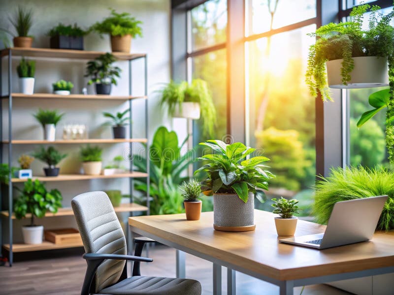 Maximieren Sie Ihren kleinen Bürobereich durch ein beeindruckendes Design mit doppelter Exposition und weichen Pflanzen und einem stock abbildung