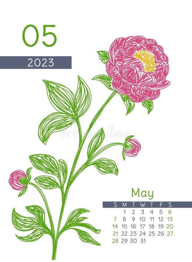 May Calendar 2023 Year Peony Botanical Illustration Calender Design