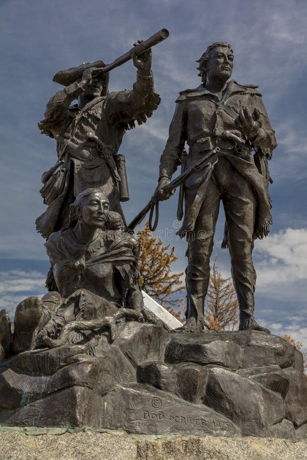 MAY 22, 2019, Fort Benton, Montana, USA - Statue of Lewis Clark and Sacajawea by Bob Scriver 1975