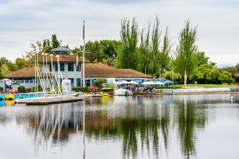 May 9, 2019 Mountain View / CA / USA -  Shoreline Lake Boathouse in Shoreline Lake Park on a cloudy spring day