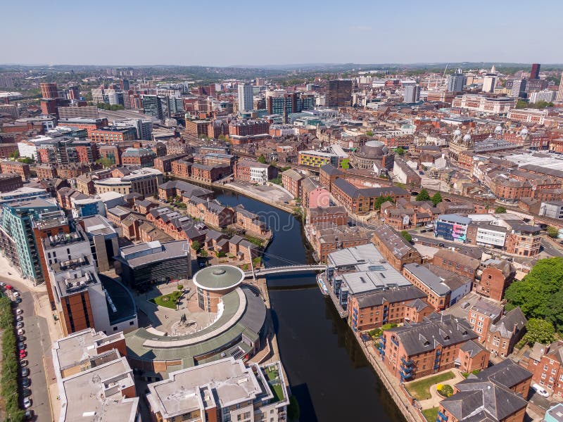 May 2020, UK Aerial View of Leeds City Centre with River in View