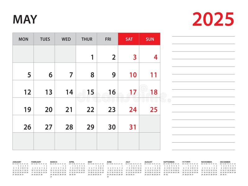 May 2025 Year Calendar 2025 Template Vector, Week Start on Monday, Desk Calendar 2025 Year