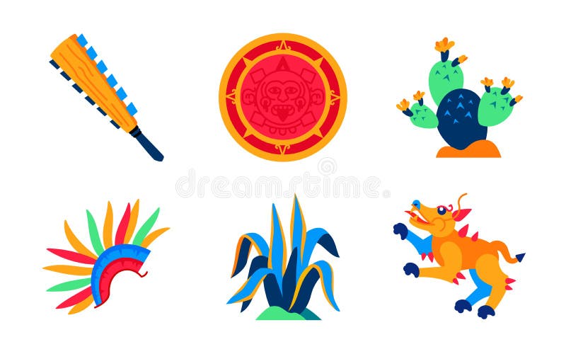 Maya and Aztecs Items Flat Design Style Object Set Stock Vector Illustration of american
