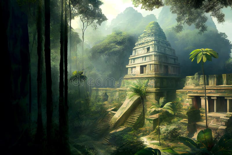 Maya Civilization Illustration Depicting Ancient Ruins, Pyramids, and ...