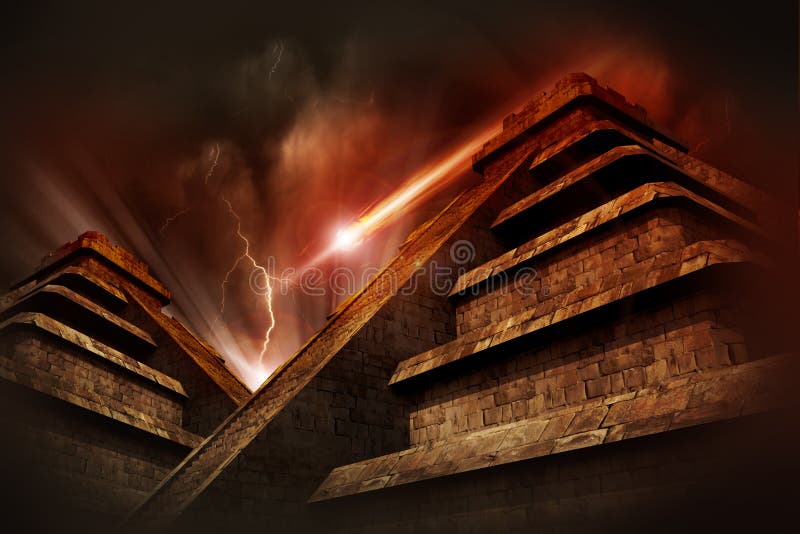 Mayan Apocalypse - Mayan Pyramids, Lightning Storm and Asteroid Coming from the Space. Warm Red-Browny Movie Like Color Tones. Cool Armageddon Theme. Mayan Apocalypse - Mayan Pyramids, Lightning Storm and Asteroid Coming from the Space. Warm Red-Browny Movie Like Color Tones. Cool Armageddon Theme.