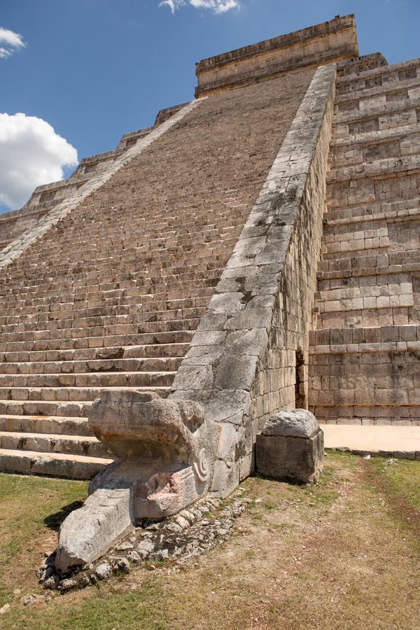 Mayan Temple Stairs with Carved Snake Head at the Base Stock Image