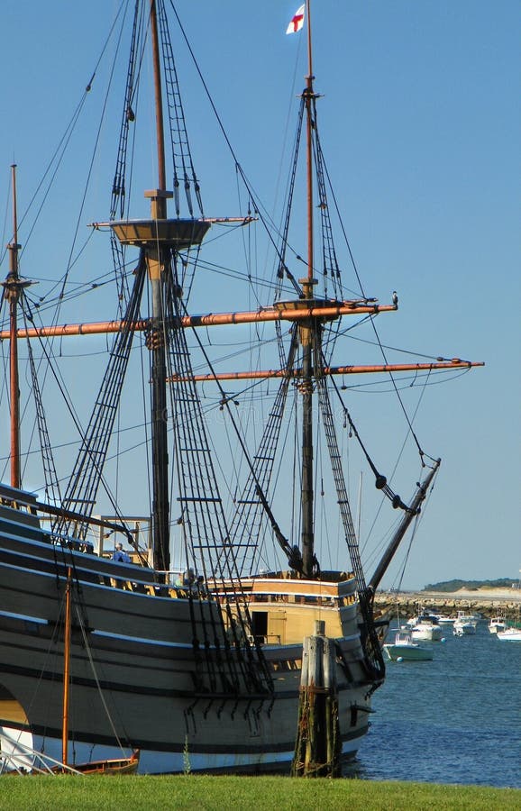 Shown on State Pier on Plymouth Waterfront. The ship is considered a faithful generic replica within a few details electric lights added and ladder replaced with a lower-deck staircase, with solid oak timbers, tarred hemp rigging, and hand-colored maps. It is 106 ft long by 25 ft wide, 236 tons displacement, three masts mainmast, foremast, mizzen, a bowsprit and 6 sails. Shown on State Pier on Plymouth Waterfront. The ship is considered a faithful generic replica within a few details electric lights added and ladder replaced with a lower-deck staircase, with solid oak timbers, tarred hemp rigging, and hand-colored maps. It is 106 ft long by 25 ft wide, 236 tons displacement, three masts mainmast, foremast, mizzen, a bowsprit and 6 sails.