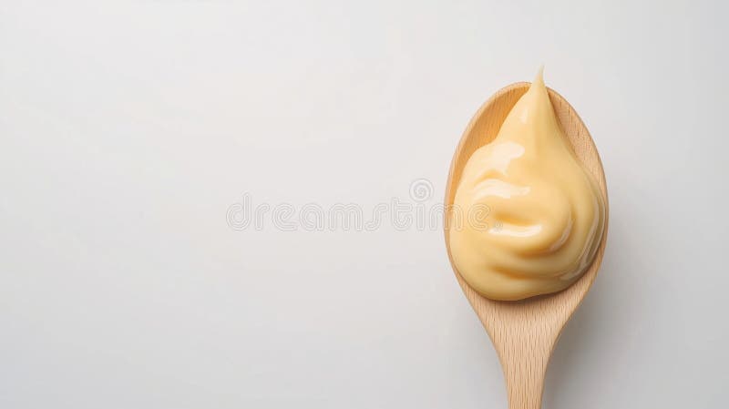 Mayonnaise on wooden spoon, creamy texture, light background stock image
