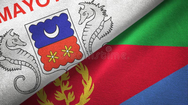 Mayotte och eritrea två flaggor textur av textilduk. Mayotte och eritrea två vikta flaggor tillsammans