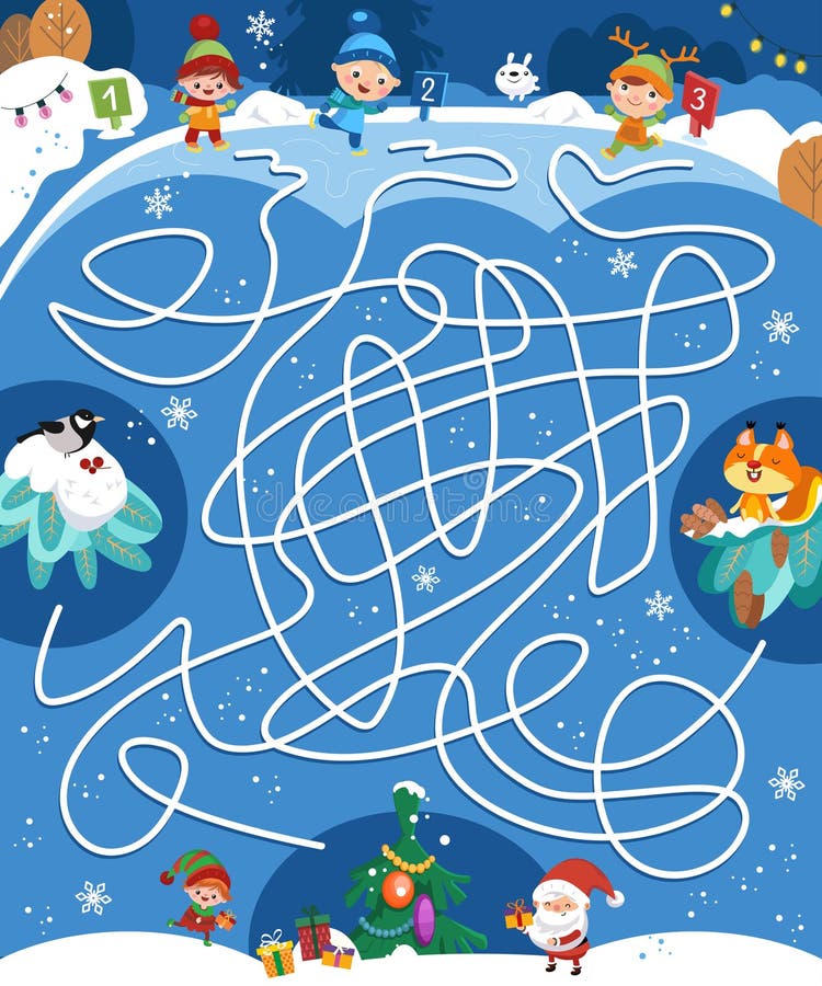 Maze game, activity for children. Game for kids. Cute boys and girls are skating. Animals in forest. Winter scene in