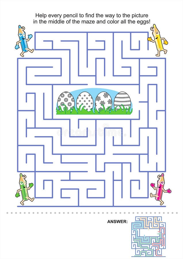 Easter maze game and coloring activity page for kids: Help the pencils to get to the picture in the middle and color the eggs! Answer included. Easter maze game and coloring activity page for kids: Help the pencils to get to the picture in the middle and color the eggs! Answer included.