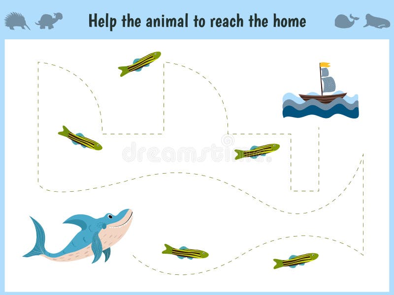 Maze game. Educational children cartoon game for children of preschool age. Help to find the way home in the sea the shark and fee