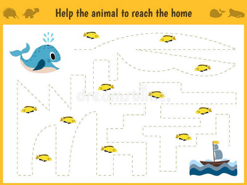 Maze game. Educational children cartoon game for children of preschool age. Help to find the way home in the sea the whale and fee