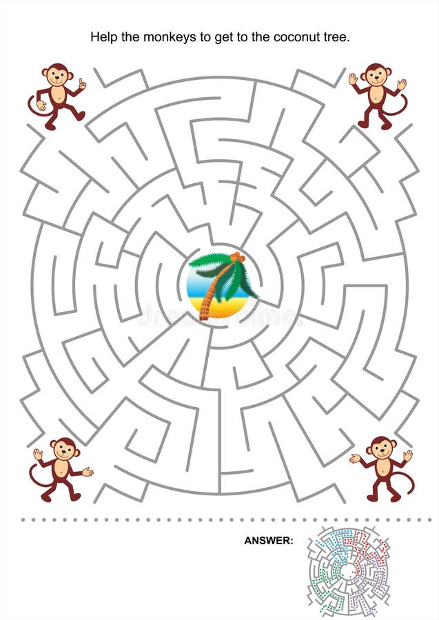 Maze game for kids: Help the monkeys to get to the coconut tree. Answer included.