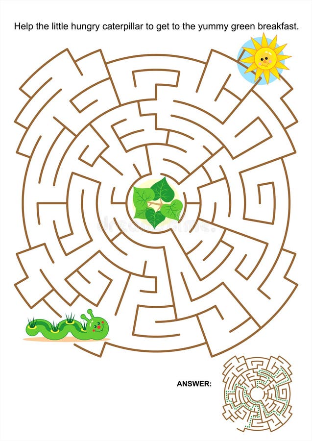 Maze game or activity page for kids: Help the little hungry caterpillar to get to the yummy green breakfast. Answer included. Maze game or activity page for kids: Help the little hungry caterpillar to get to the yummy green breakfast. Answer included.