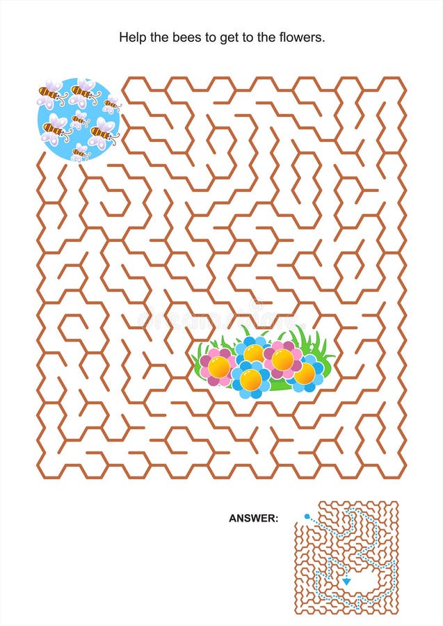 Maze game or activity page for kids: Help the bees to get to the flowers. Answer included. Maze game or activity page for kids: Help the bees to get to the flowers. Answer included.