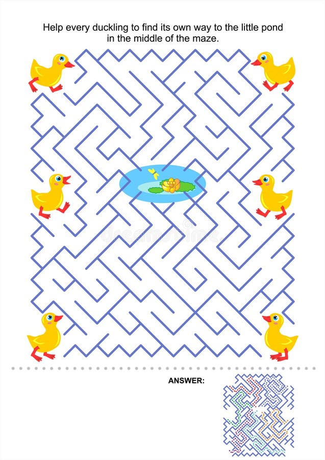 Maze game for kids: Help every duckling to find its own way to the little pond in the middle of the maze. Answer included. Maze game for kids: Help every duckling to find its own way to the little pond in the middle of the maze. Answer included.