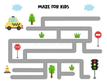 Maze Game For Kids Help Taxi Car Get To The Traffic Lights Worksheet For Children Stock 