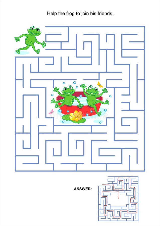 Maze game or activity page for kids: Help the frog to join his friends. Answer included. Maze game or activity page for kids: Help the frog to join his friends. Answer included.