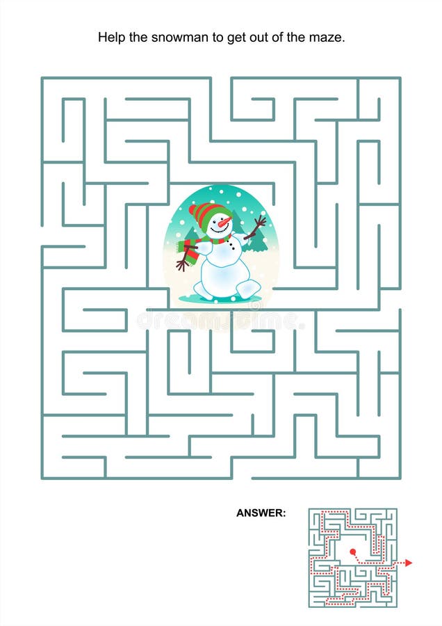 Maze game or activity page for kids: Help the snowman to get out of the maze. Answer included. Maze game or activity page for kids: Help the snowman to get out of the maze. Answer included.