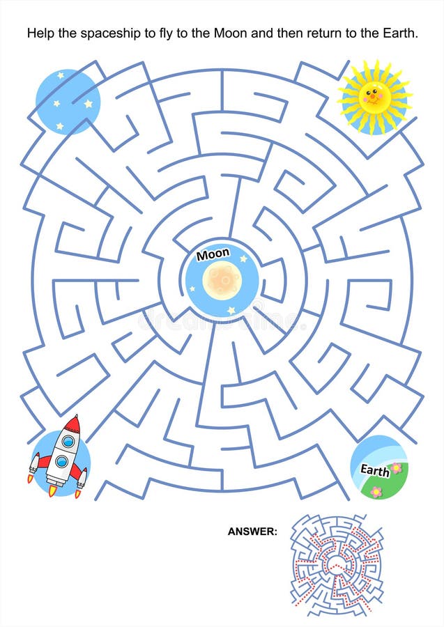 Maze game or activity page for kids: Help the spaceship to fly to the Moon and then return to the Earth. Answer included. Maze game or activity page for kids: Help the spaceship to fly to the Moon and then return to the Earth. Answer included.