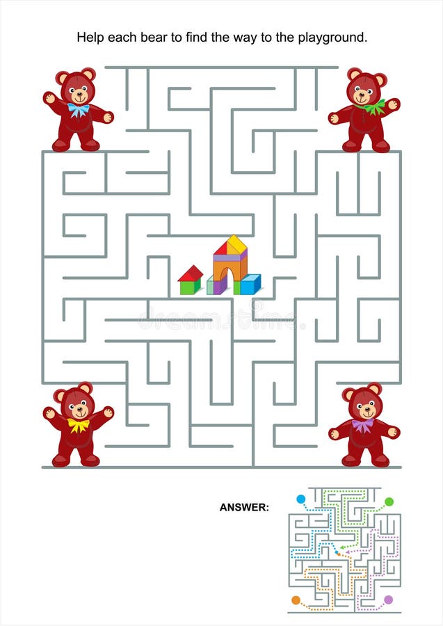 Maze game or activity page for kids: Help each bear to find the way to the playground. Answer included. Maze game or activity page for kids: Help each bear to find the way to the playground. Answer included.