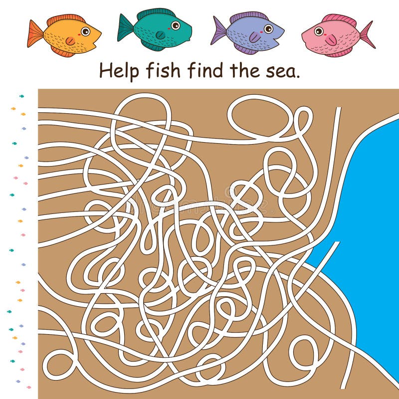 Maze Game Line Fish Find Sea Stock Vector - Illustration of help ...