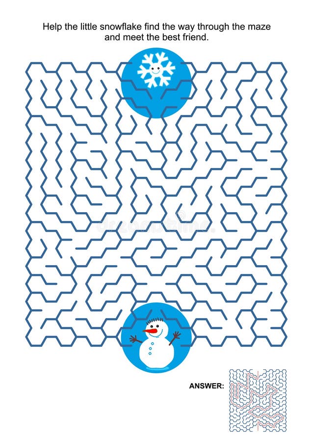 Maze game with snowflake and snowman stock illustration