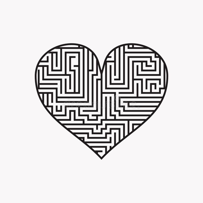 Maze Heart Valentine Day Puzzle Find the Way Black on White 1 Stock