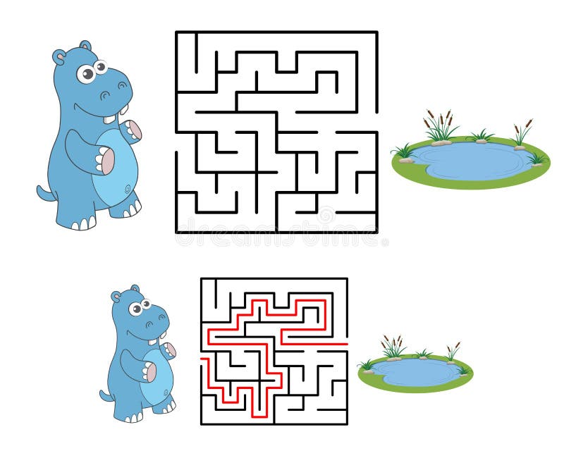 Maze or Labyrinth for Children with Cartoon Hippo and Lake. Find right way. Simple square maze with answer. Entry and exit.