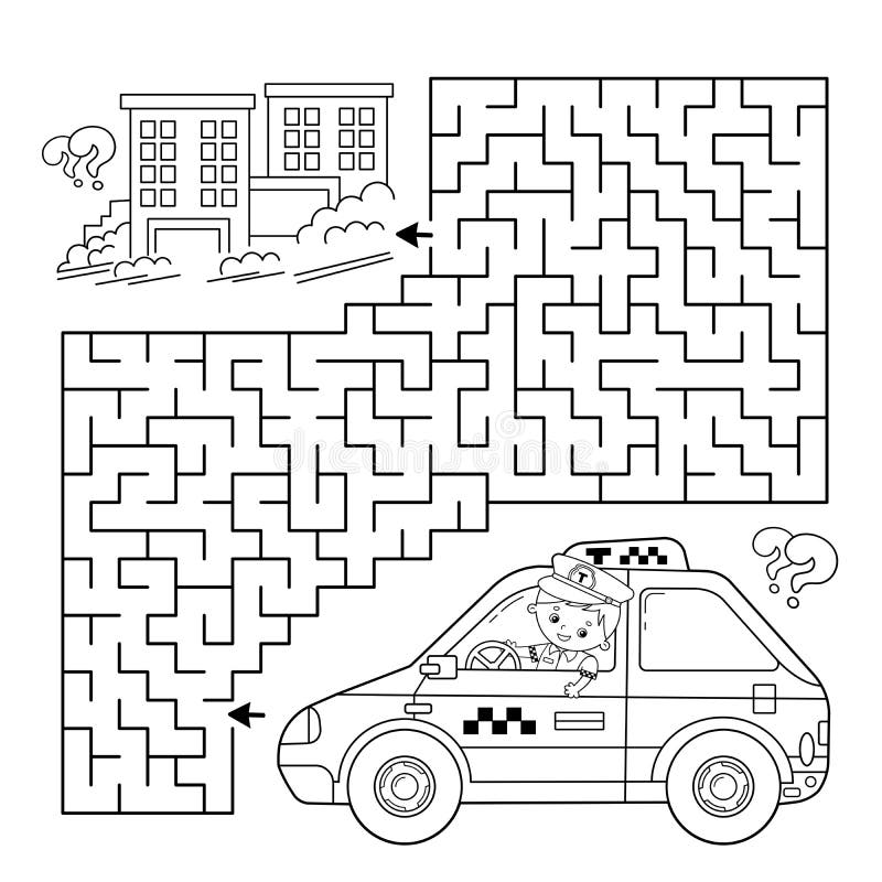 Maze or Labyrinth Game. Puzzle. Coloring Page Outline of Cartoon Taxi ...