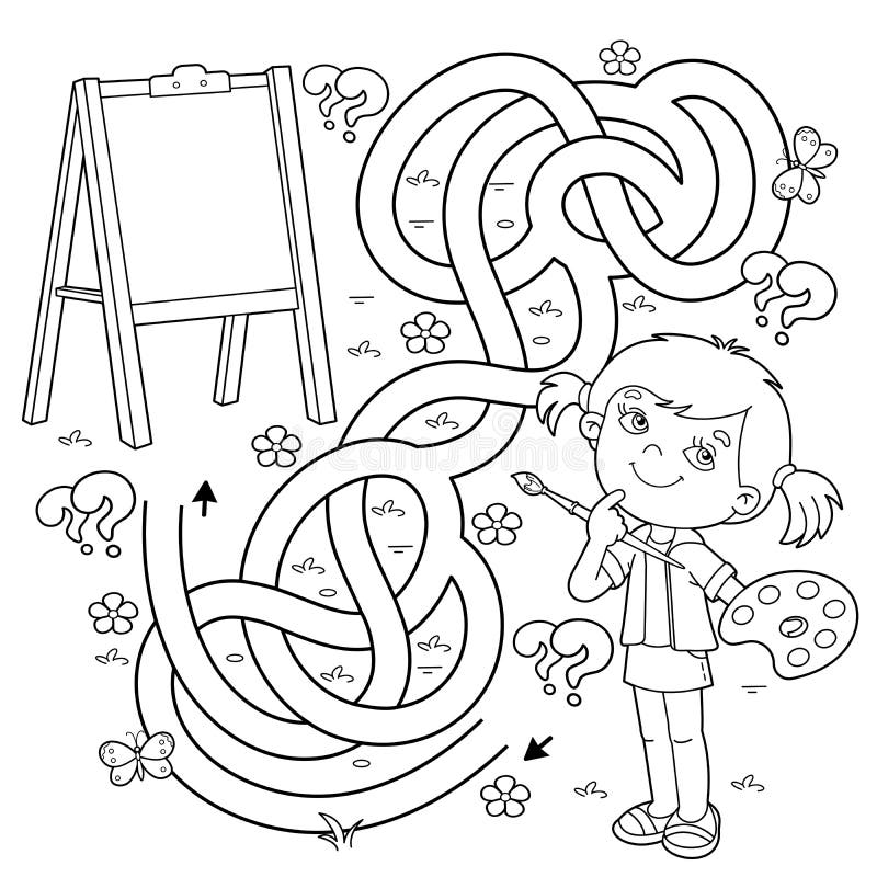 https://thumbs.dreamstime.com/b/maze-labyrinth-game-puzzle-tangled-road-coloring-page-outline-cartoon-girl-brush-paints-little-artist-easel-book-234711273.jpg