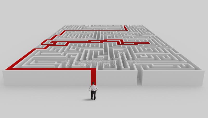 Businessman in front of a maze with solution. Businessman in front of a maze with solution