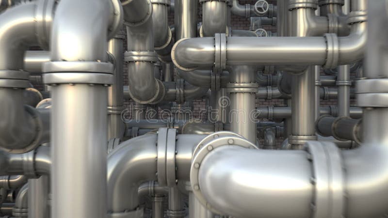 Maze of pipeline. Camera flying across pipelines network. Industrial animation royalty free illustration