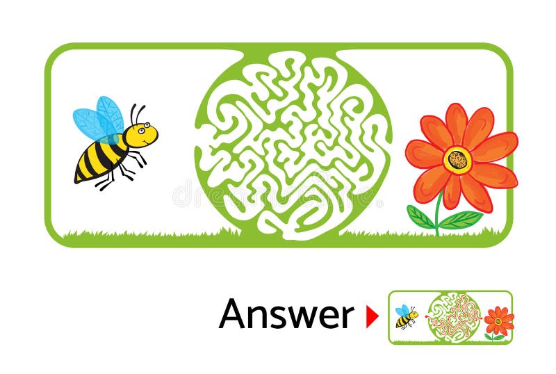 Maze puzzle for kids with bee and flower. Labyrinth illustration, solution included. vector illustration
